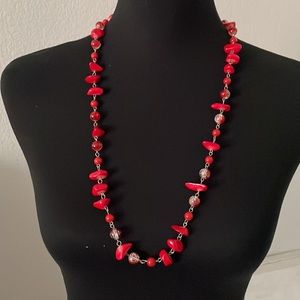 Red stone and bead silver necklace
